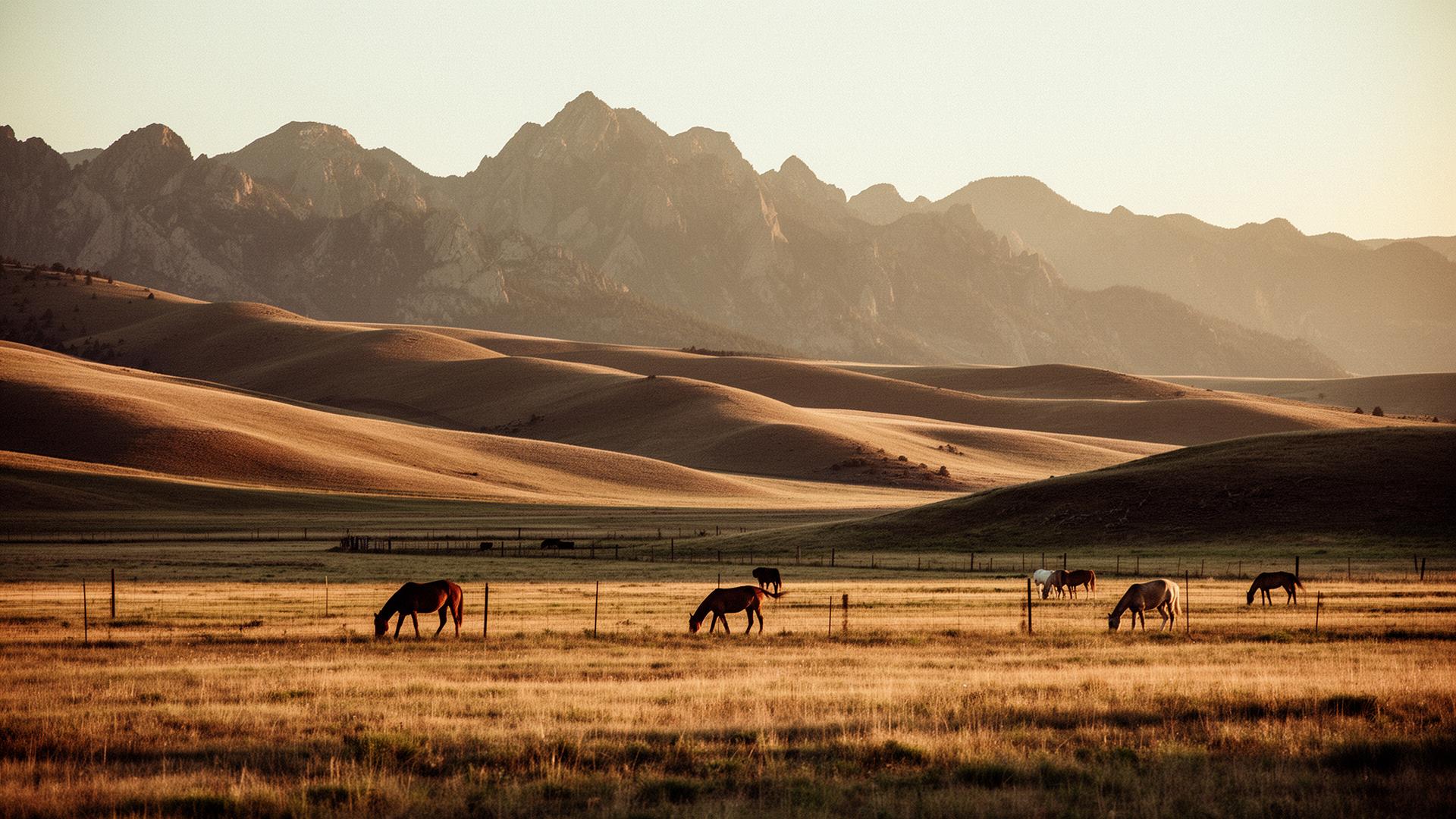 Working ranch at golden hour with mountains in the distance